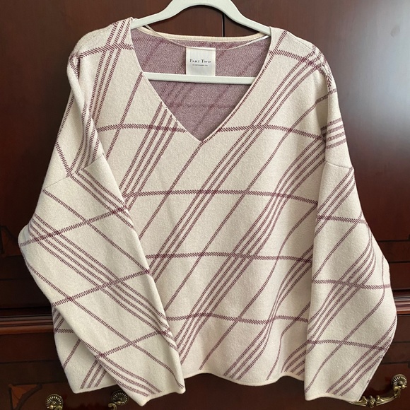 Part Two Oversized Plaid Checkered Cotton Blend V-Neck Sweater - Picture 3 of 7